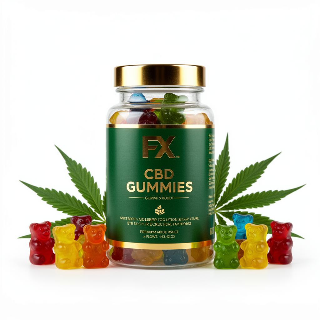 FX CBD Gummies bottle with hemp leaves and gummies